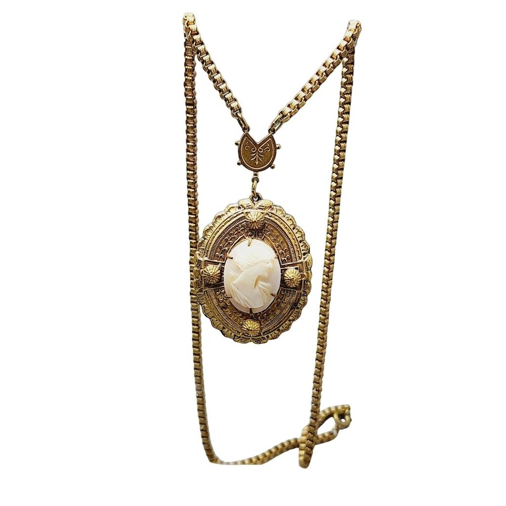 Antique Victorian Gold Filled Shell Cameo Necklace (A2551)